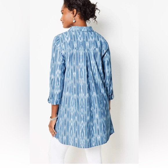 J. Jill Pure Jill Cotton Button Front Ikat Blue Tunic Top Size XL 3/4 Sleeve - Picture 14 of 15